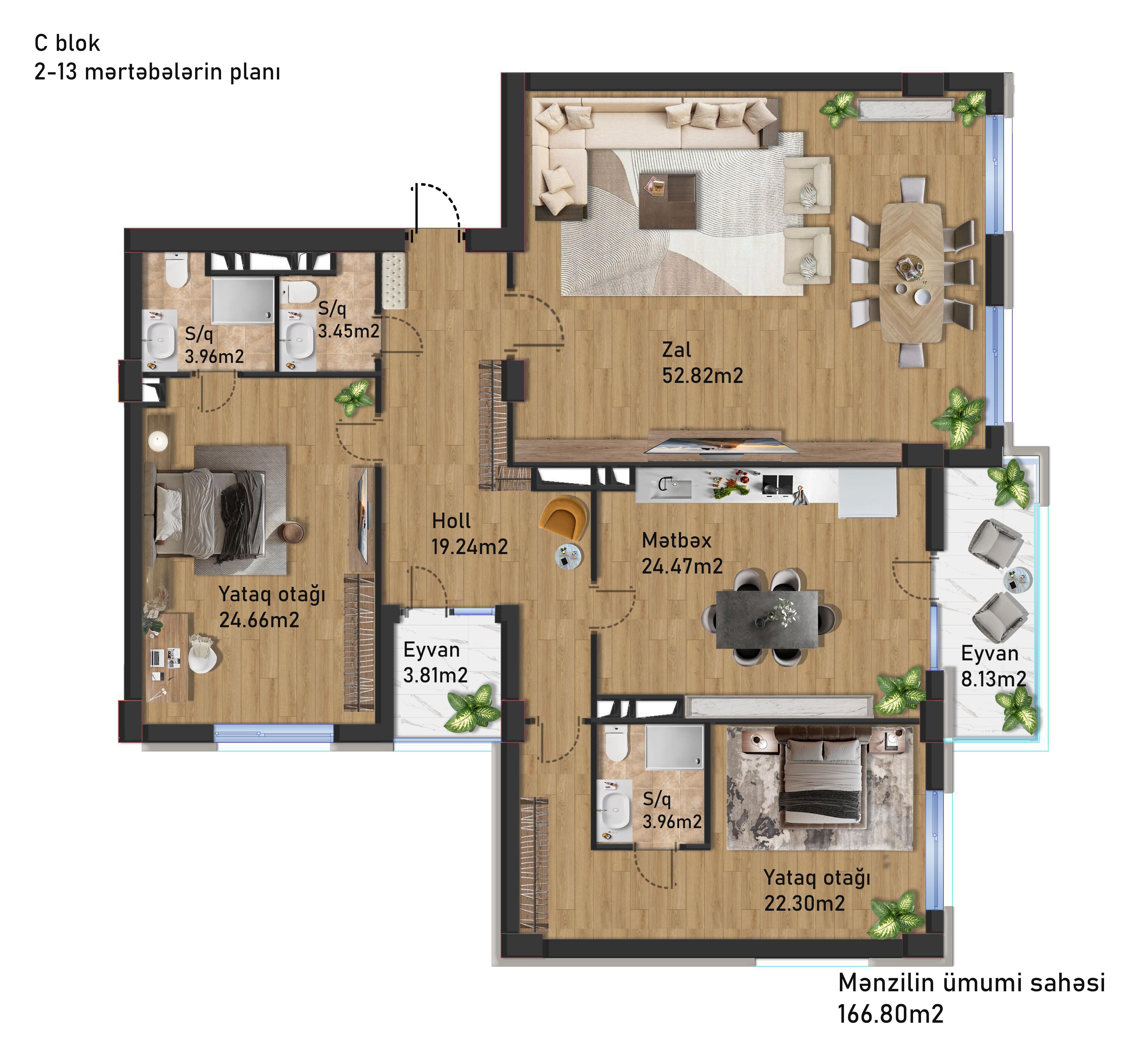 3 Комната - 166.80m2