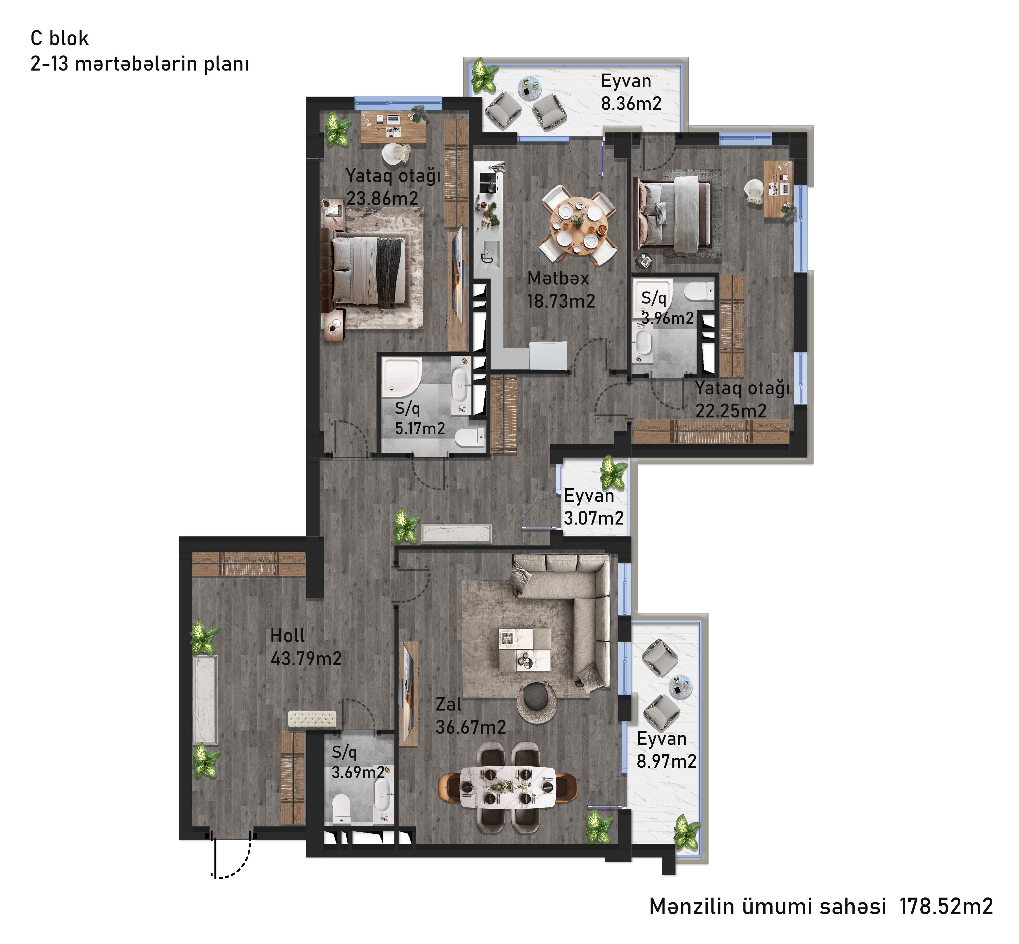 3 Комната - 178,52m2